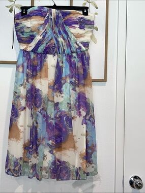 Strapless Floral Chiffon Midi Dress in Purple & Blue